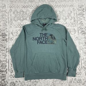 North Face Hoodie Mens Green Camo Logo Front Hooded Pullover Size Medium